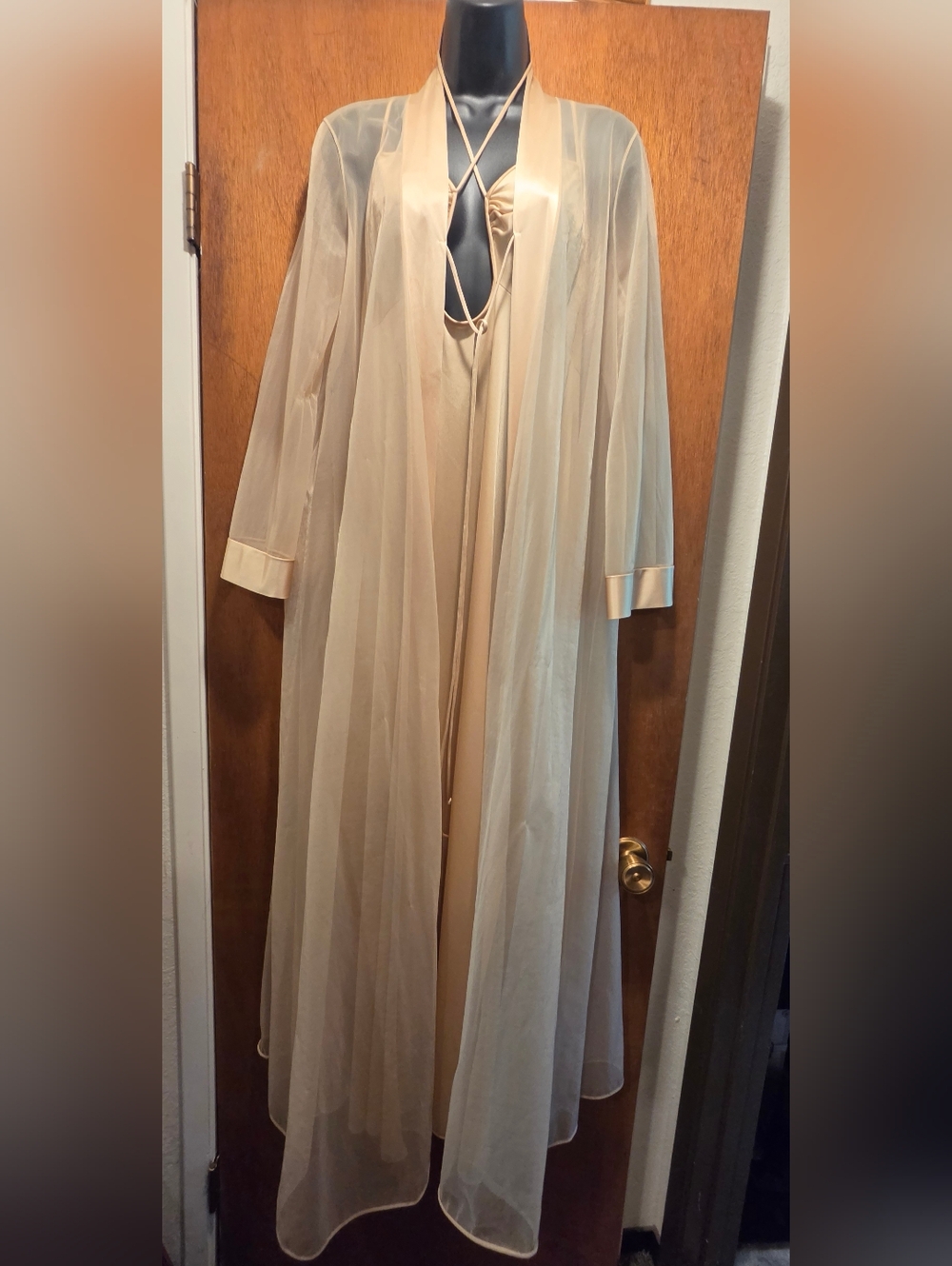 Vintage 70's JC Penny Elegant Cream Slip Chemise Dress & Sheer Robe SzM - Picture 12 of 16